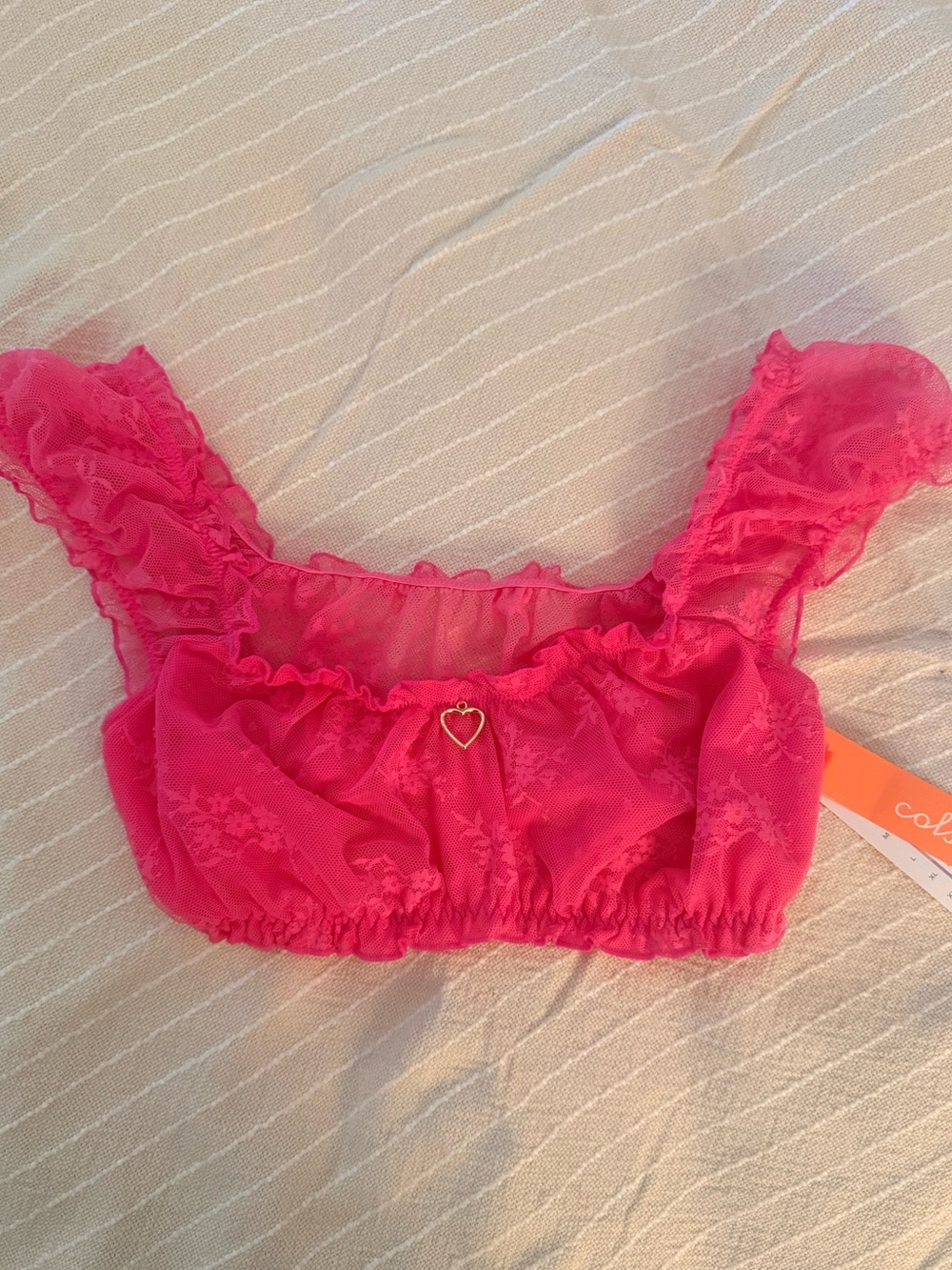 Colsie Hot Pink Ruffled Lace Crop Bralette with Heart Charm
